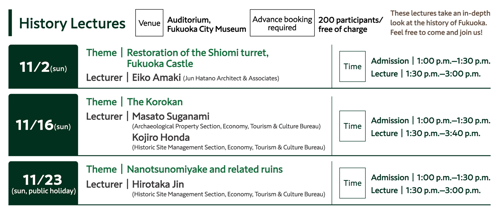 History Lectures Venue:Auditorium, Fukuoka City Museum Advance booking required:200 participants/free of charge